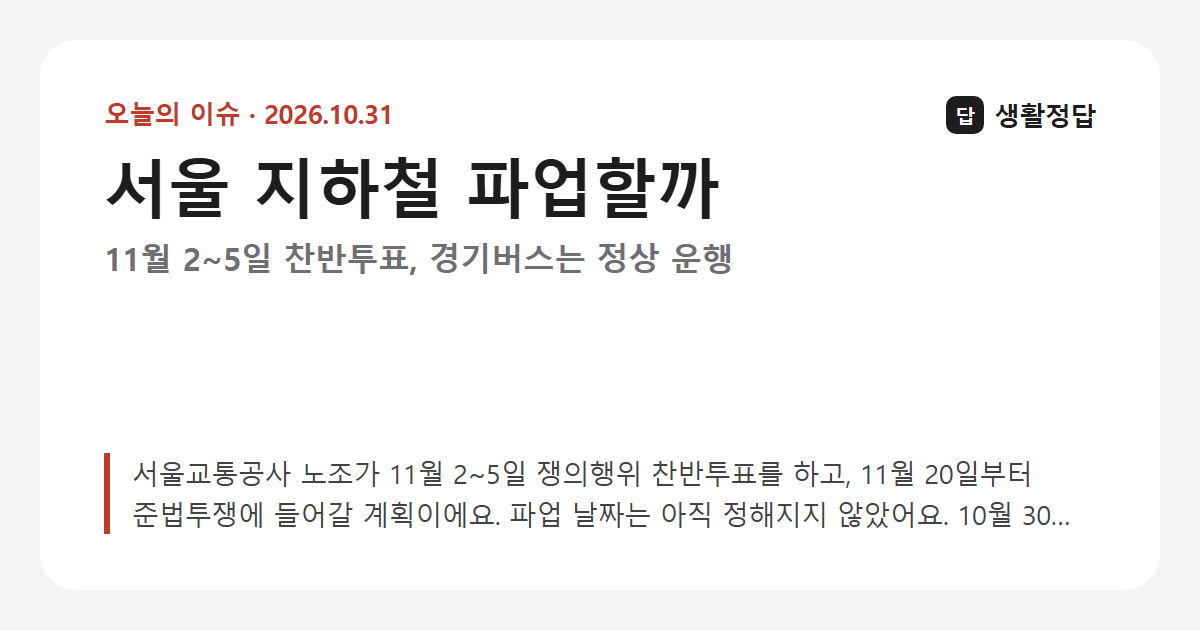 서울 지하철 파업할까 — 11월 2~5일 찬반투표, 경기버스는 정상 운행